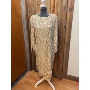 Vintage Champagne Gold Sequin Beaded Midi Dress Long Sleeve Tassel Belt Gala L
